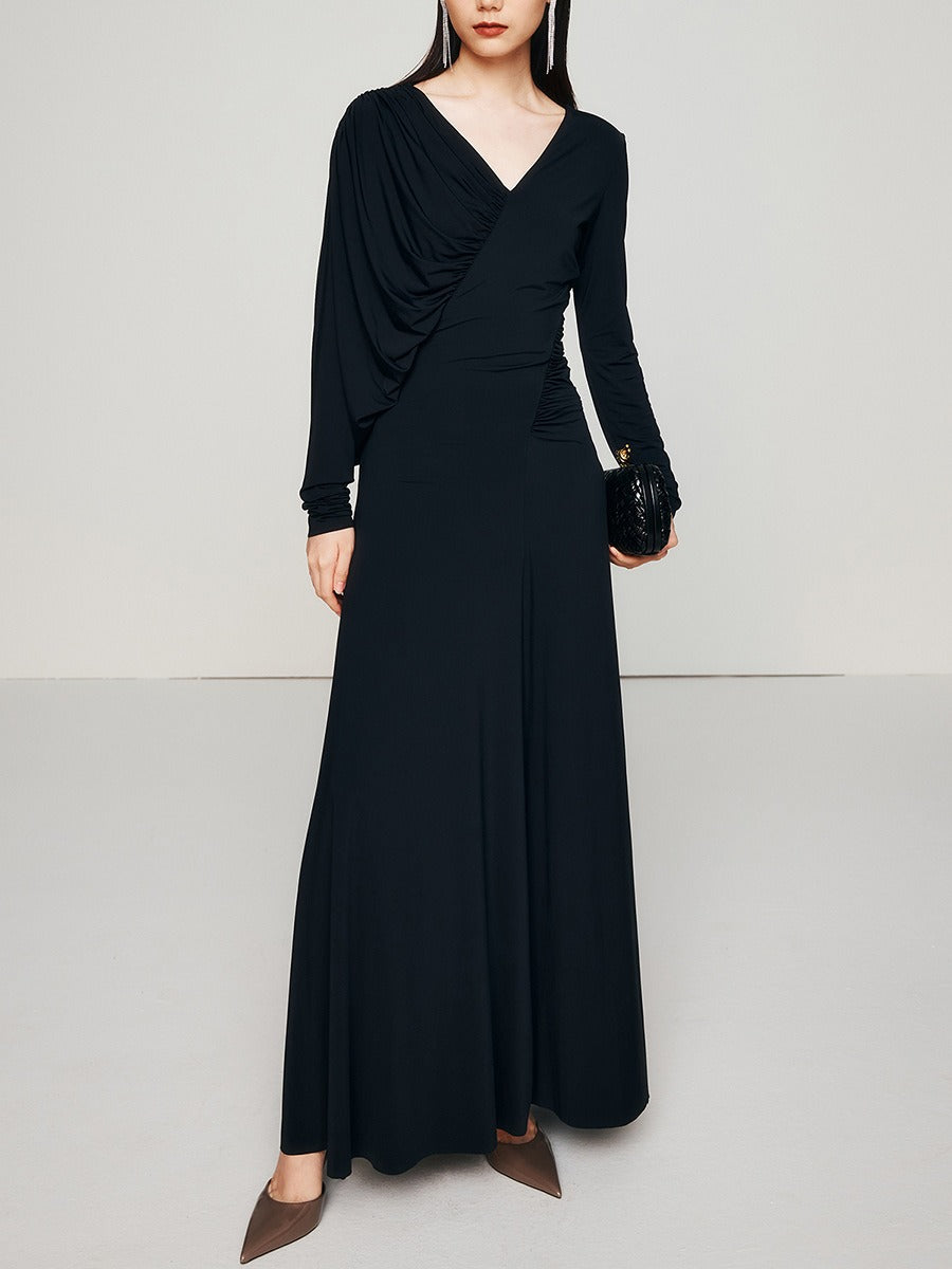 Asymmetric V-Neck Pleated Long Dress
