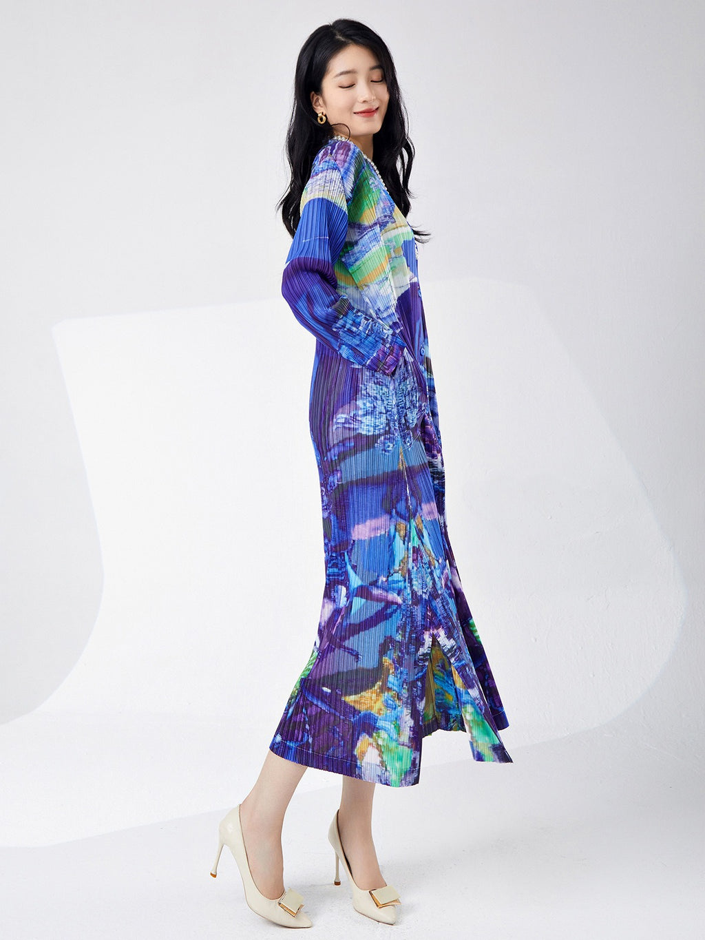 Printed Slit Cardigan Midi Dress