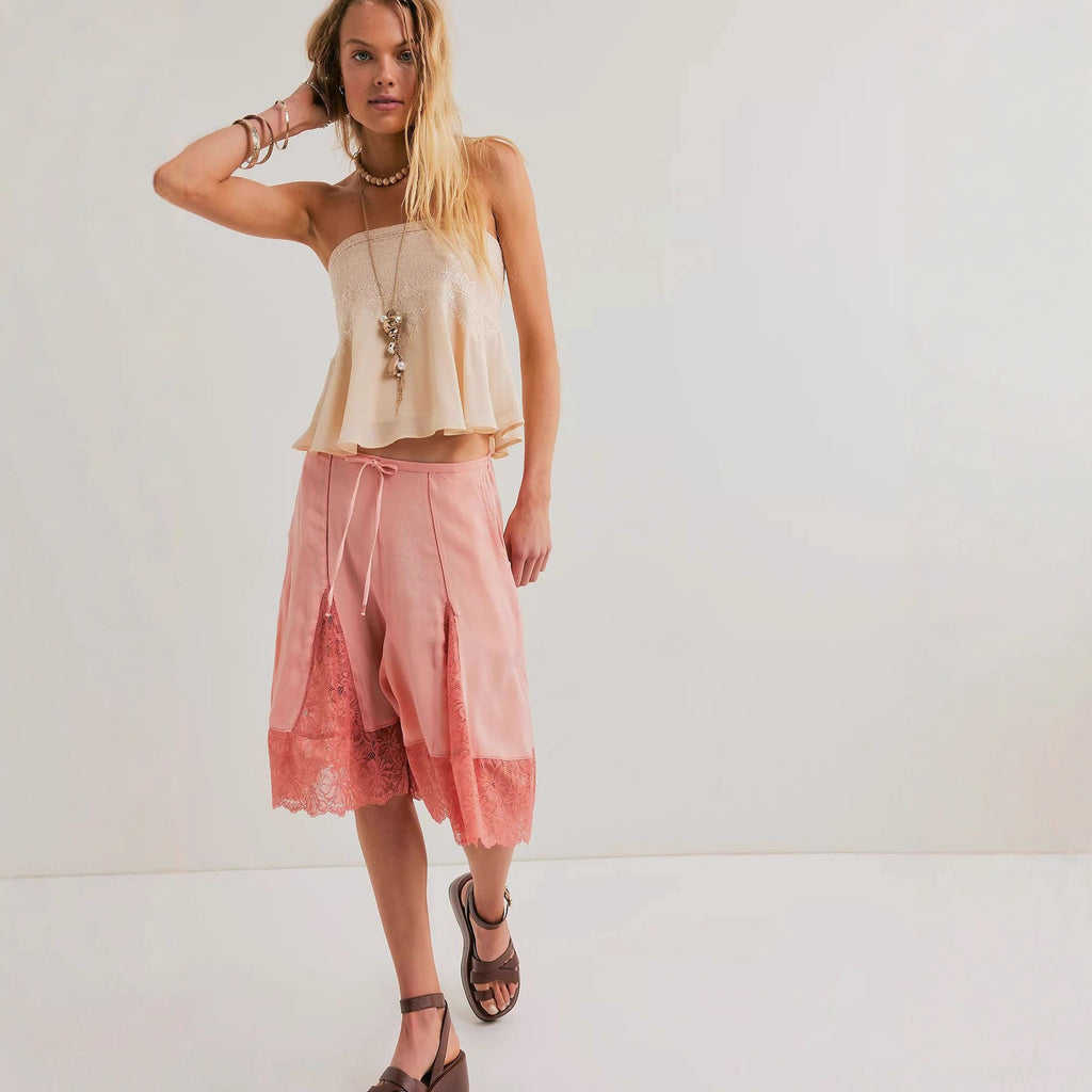 Lace-Trimmed Satin Mid-Length Pants