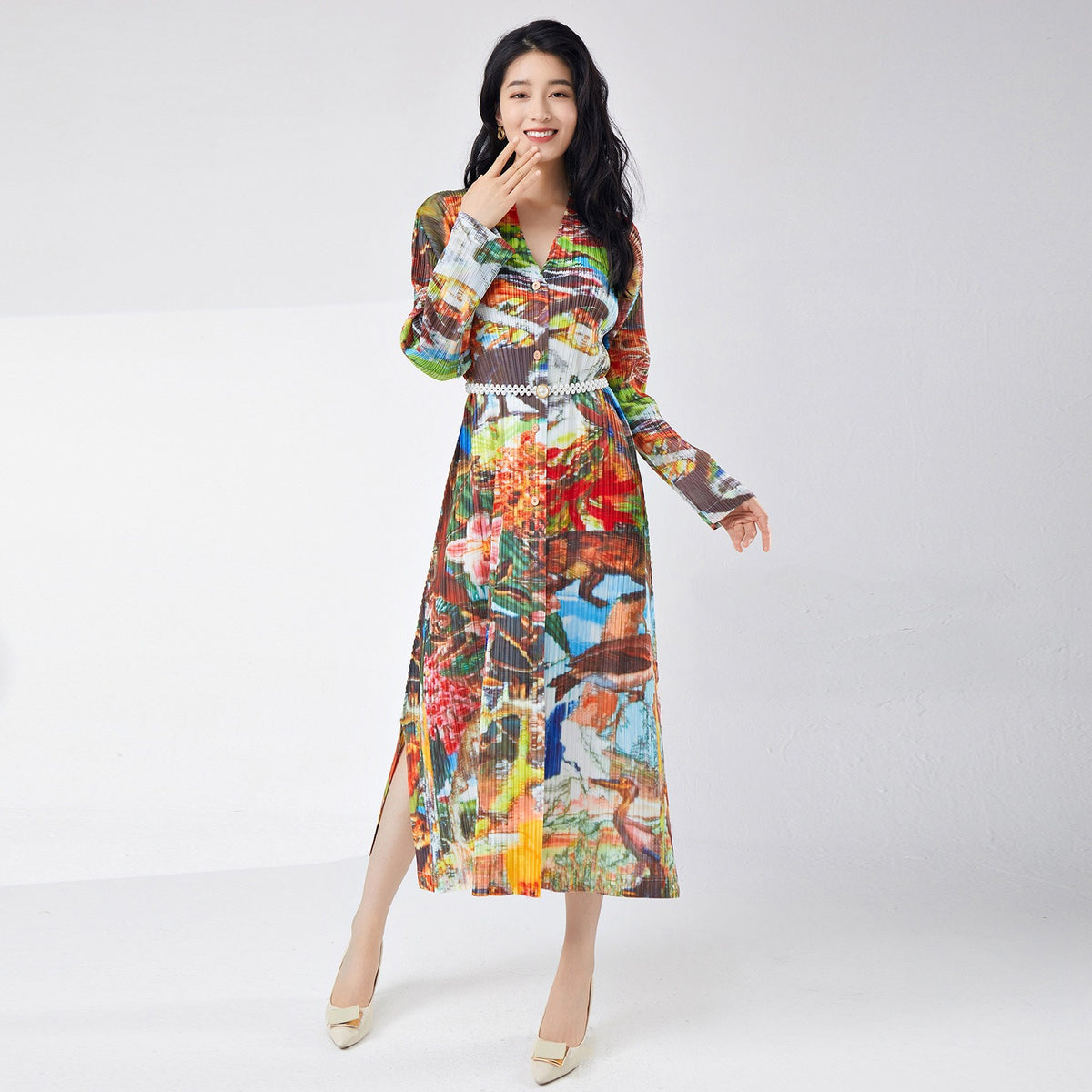 Printed Slit Cardigan Midi Dress