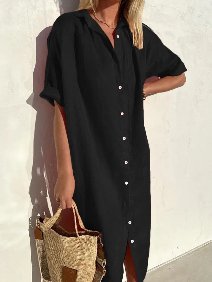 Loose Button-Up Short Sleeve Dress