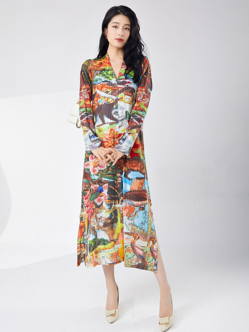 Printed Slit Cardigan Midi Dress