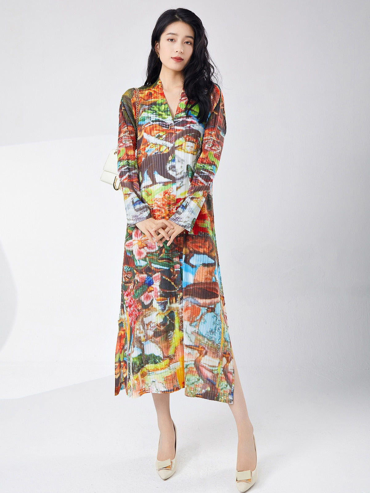 Printed Slit Cardigan Midi Dress