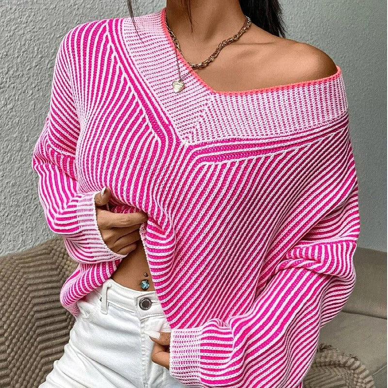 Striped Bat Sleeve V-Neck Sweater