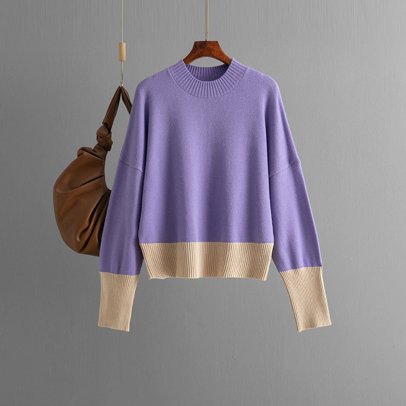 Color-Blocked Round Neck Knit Sweater