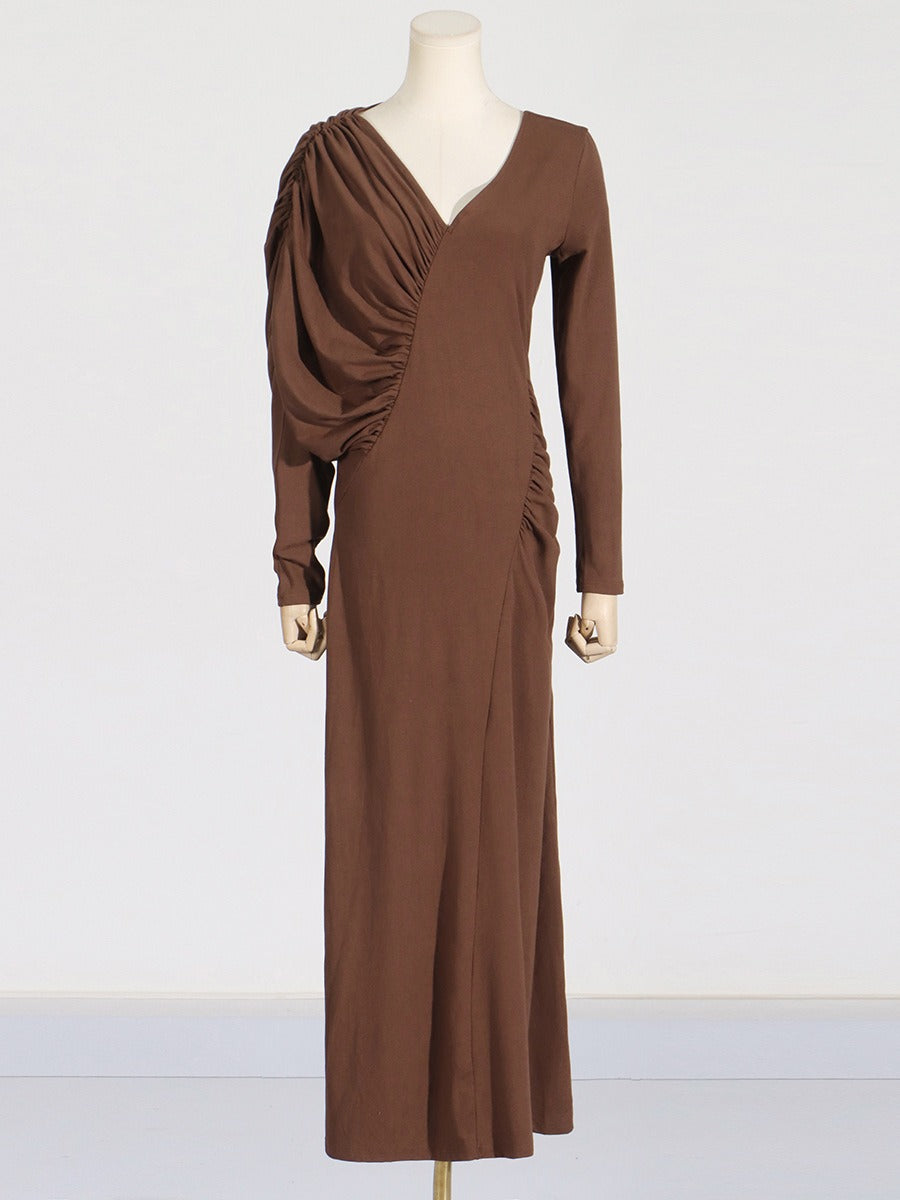 Asymmetric V-Neck Pleated Long Dress