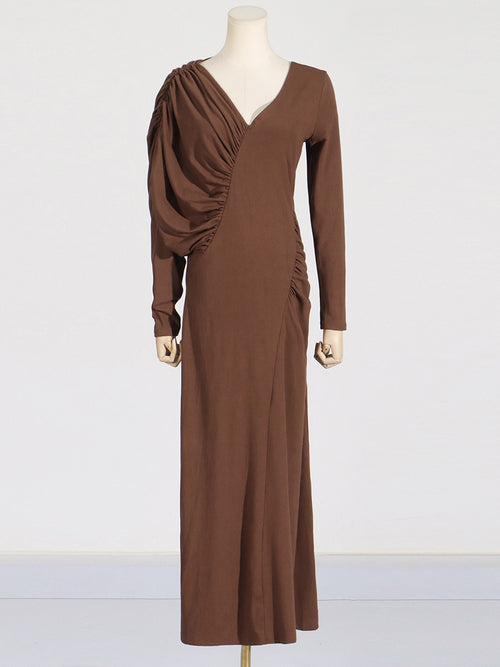Asymmetric V-Neck Pleated Long Dress