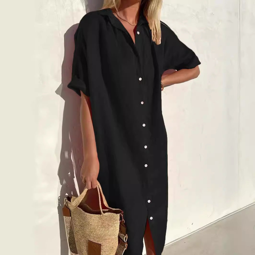 Loose Button-Up Short Sleeve Dress