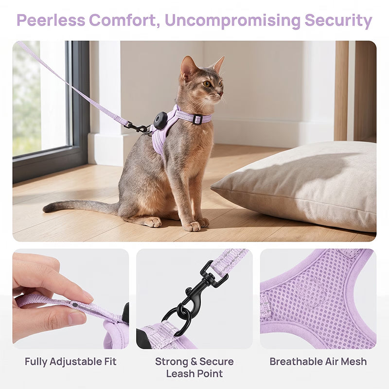 Reflective Escape-Proof Cat Harness – Adjustable Vest with Built-in AirTag Holder for Outdoor Walking