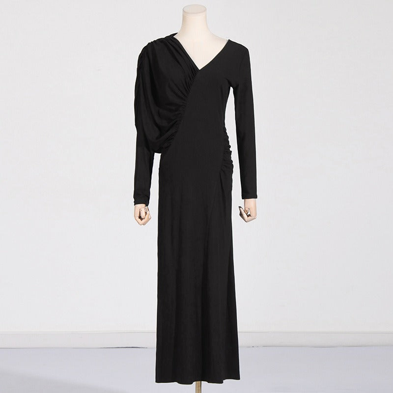Asymmetric V-Neck Pleated Long Dress