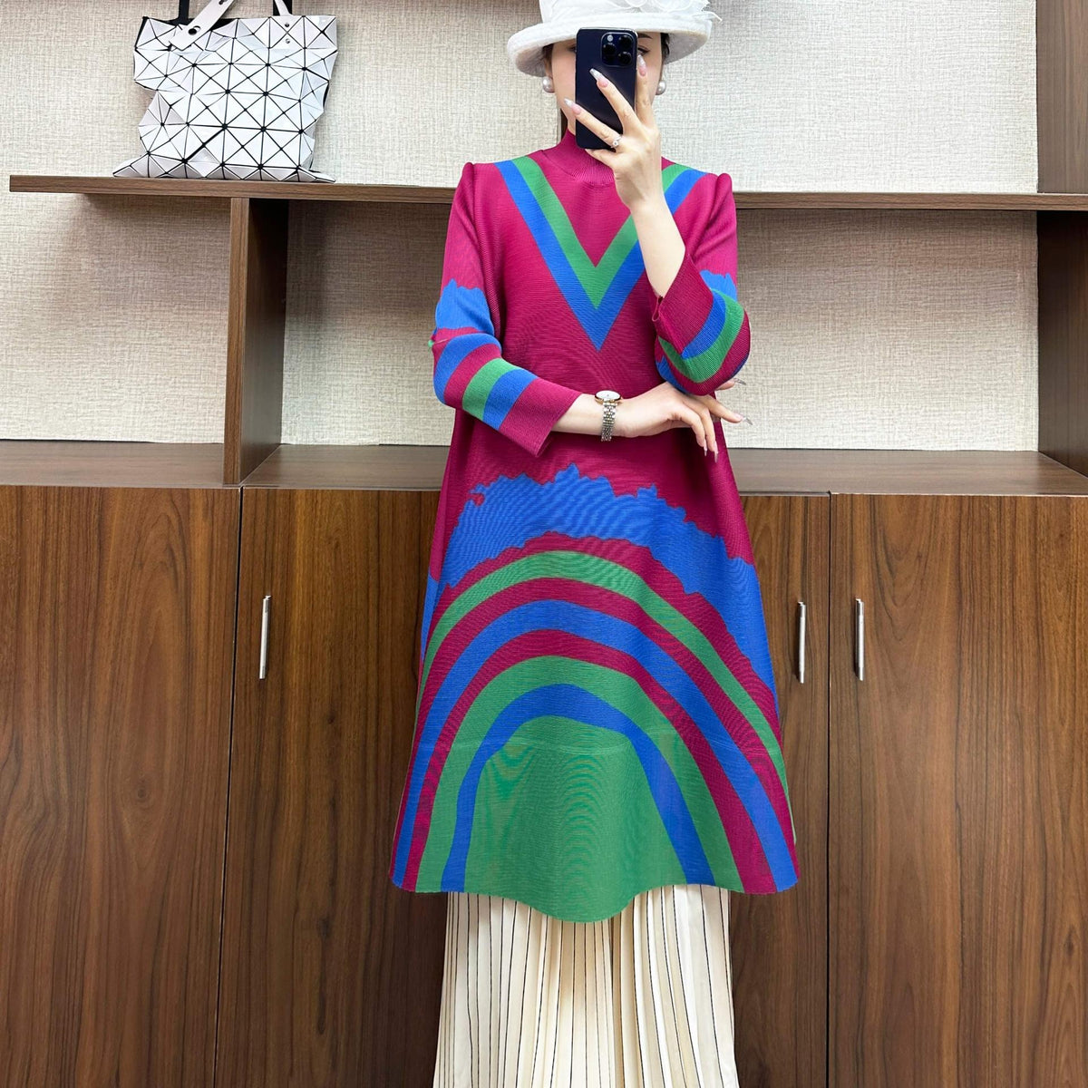 High Neck Rainbow Midi Dress