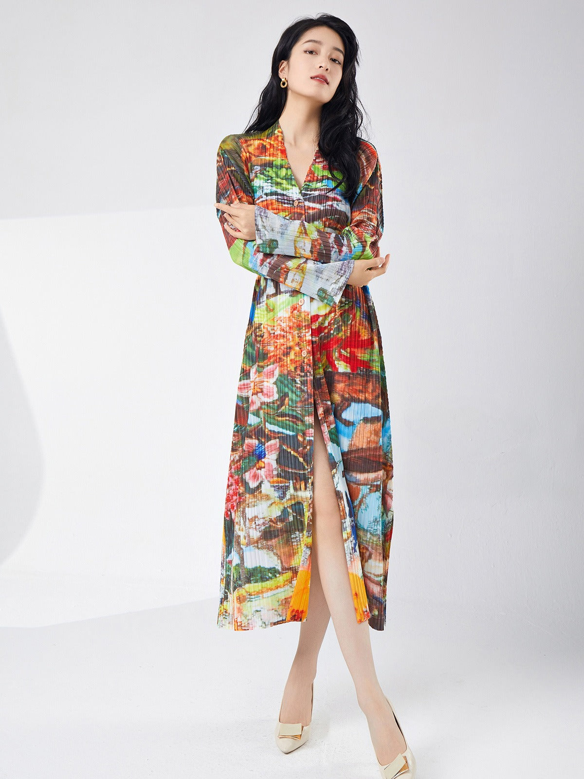 Printed Slit Cardigan Midi Dress