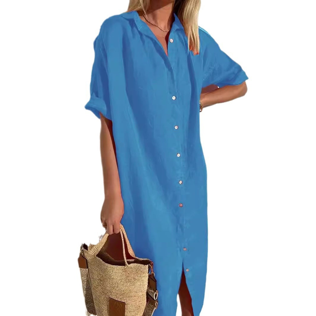 Loose Button-Up Short Sleeve Dress