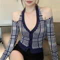 Off-Shoulder Checkered Knit Sweater