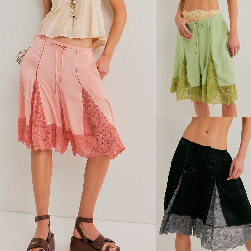 Lace-Trimmed Satin Mid-Length Pants