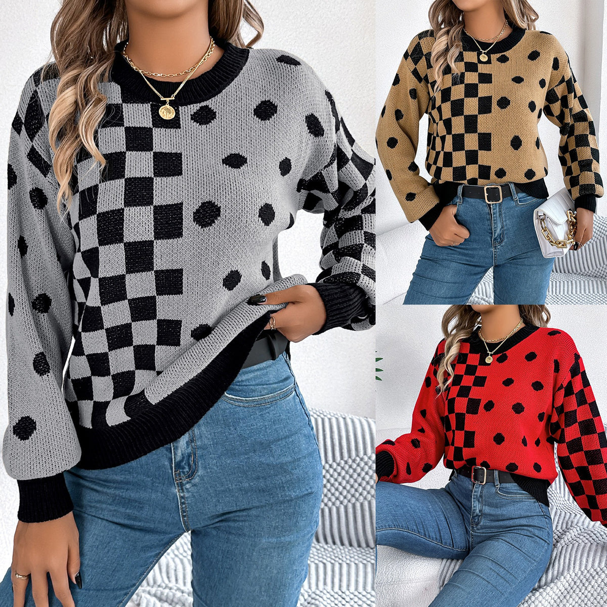 Polka Dot Checkered Lantern Sleeve Sweater