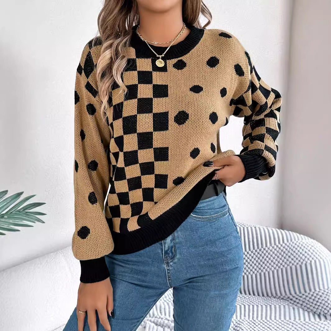 Polka Dot Checkered Lantern Sleeve Sweater