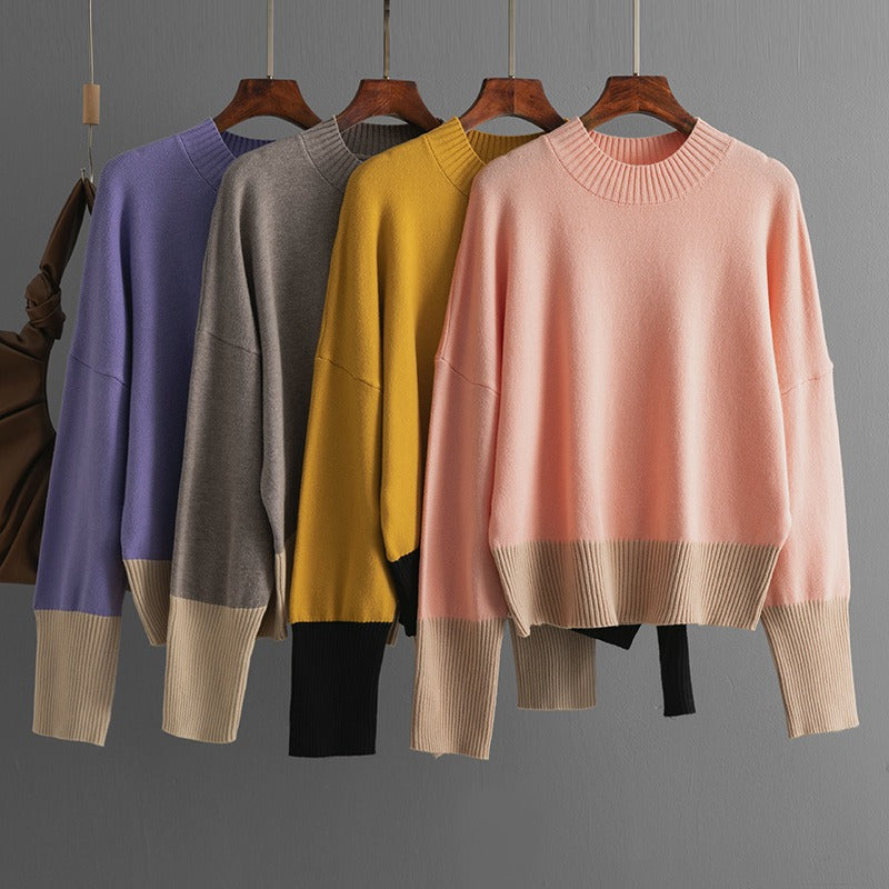 Color-Blocked Round Neck Knit Sweater