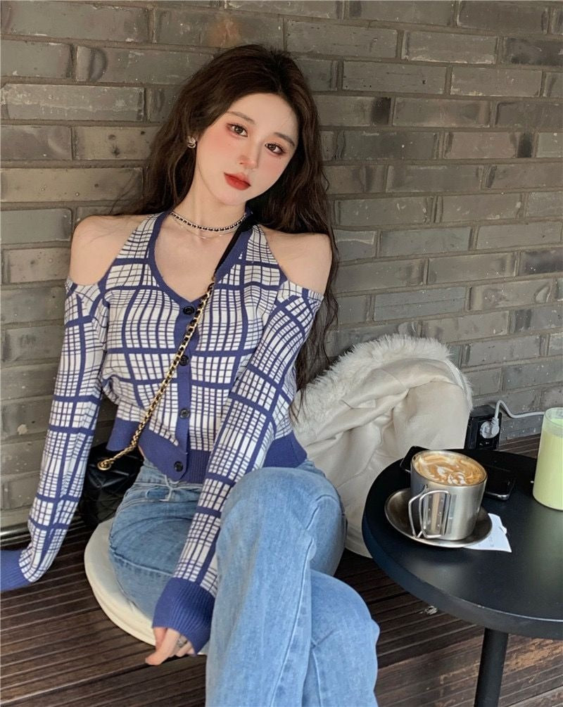 Off-Shoulder Checkered Knit Sweater