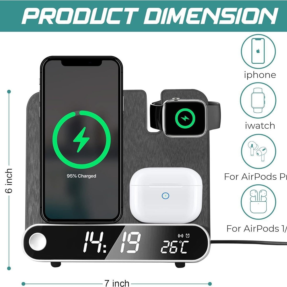15W Multifunctional Wireless Charger with Clock & Thermometer