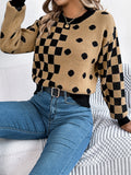 Polka Dot Checkered Lantern Sleeve Sweater