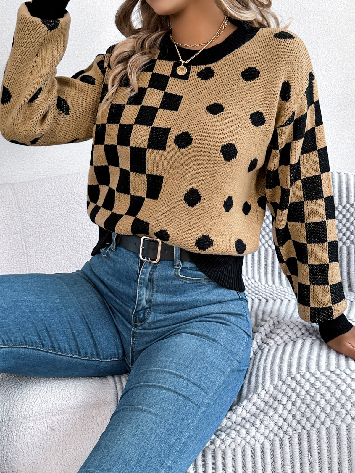 Polka Dot Checkered Lantern Sleeve Sweater
