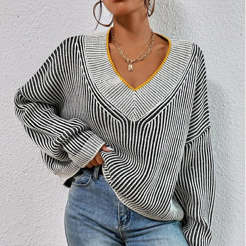 Striped Bat Sleeve V-Neck Sweater