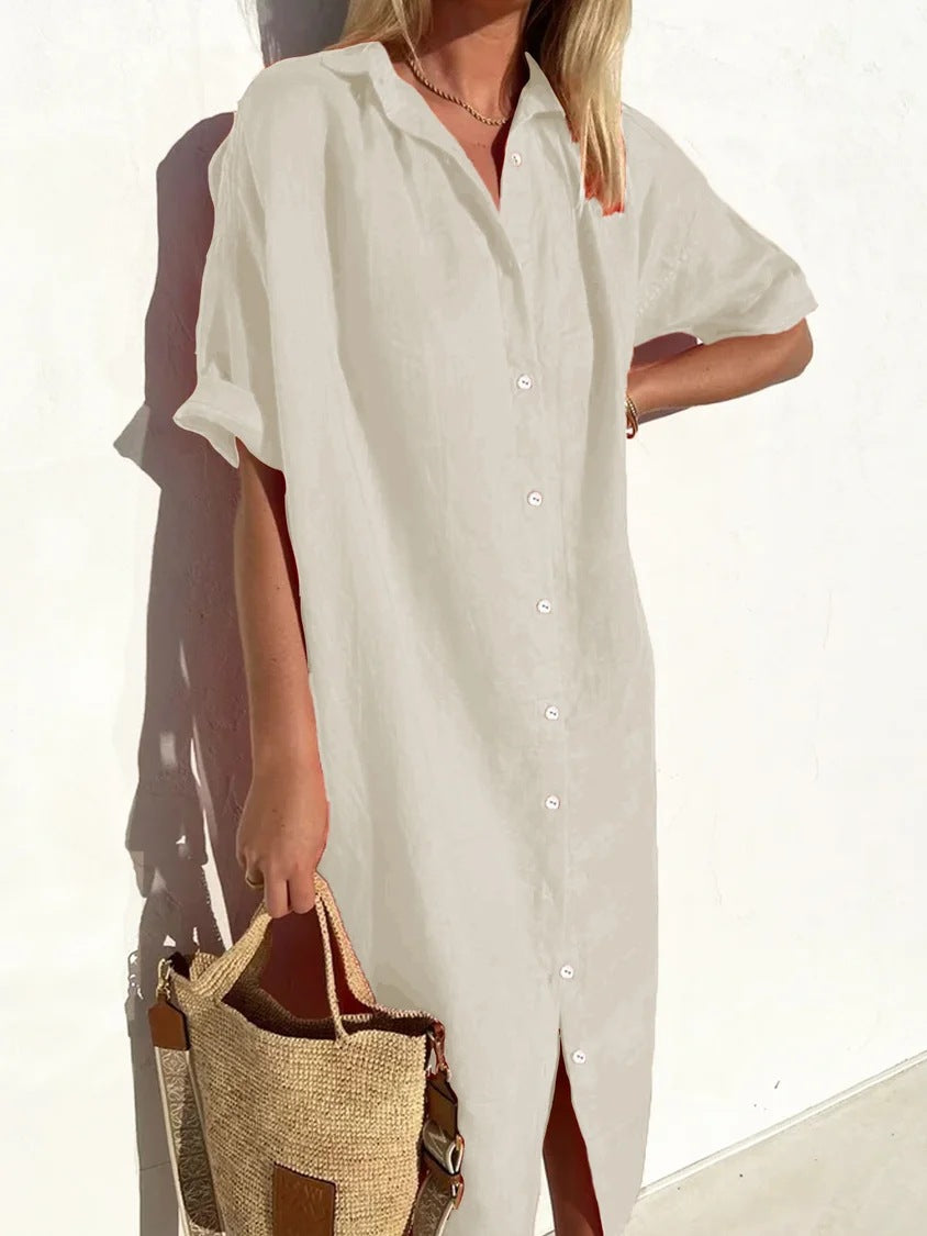 Loose Button-Up Short Sleeve Dress