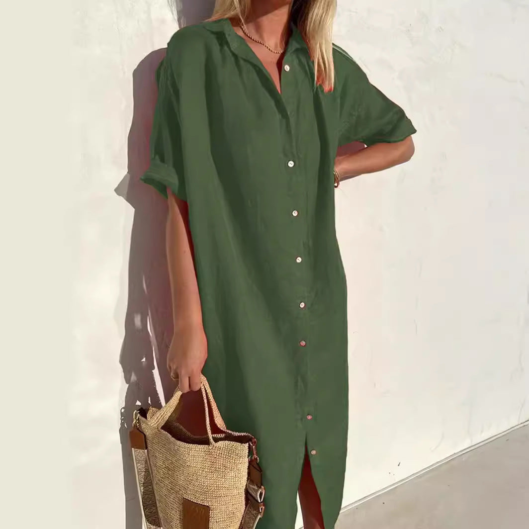 Loose Button-Up Short Sleeve Dress