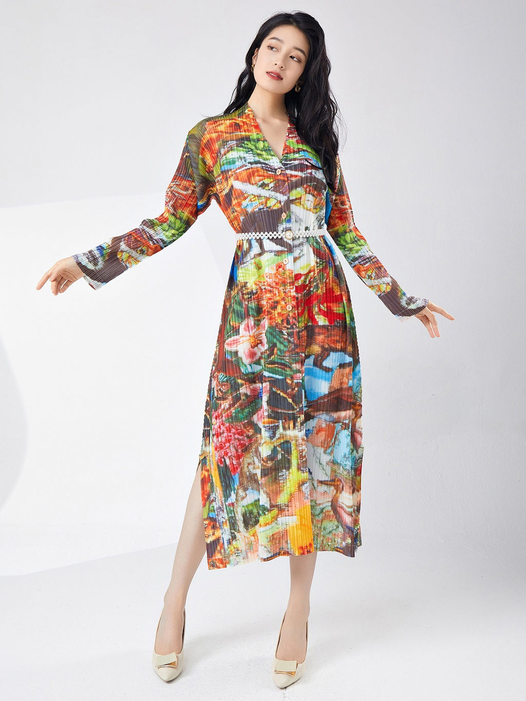 Printed Slit Cardigan Midi Dress