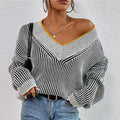 Striped Bat Sleeve V-Neck Sweater