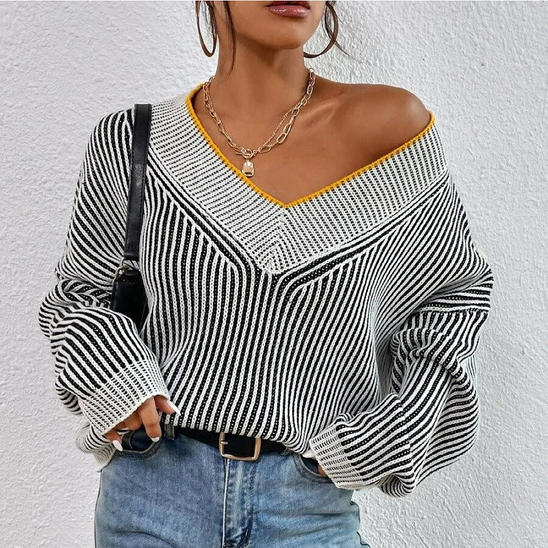Striped Bat Sleeve V-Neck Sweater