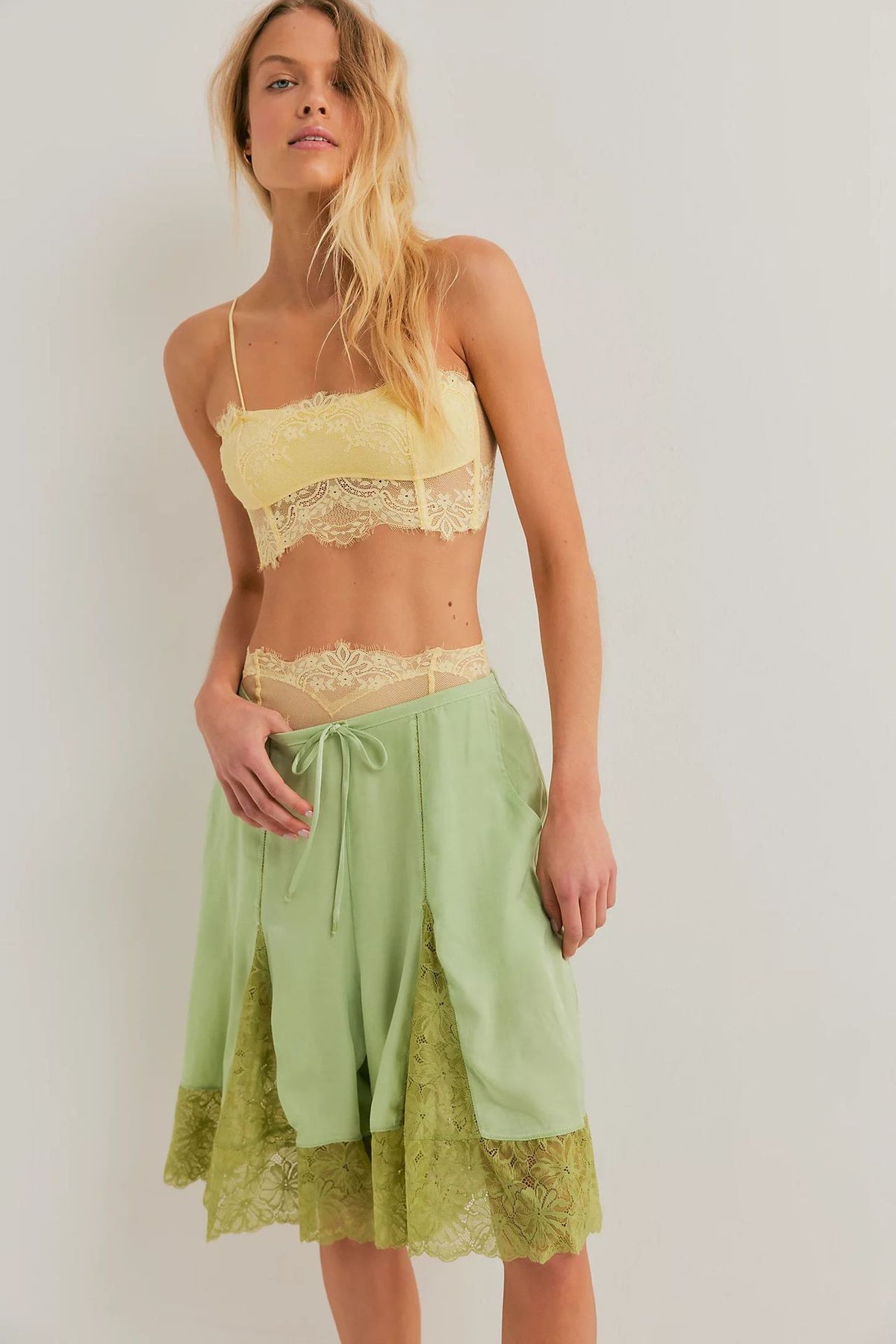 Lace-Trimmed Satin Mid-Length Pants