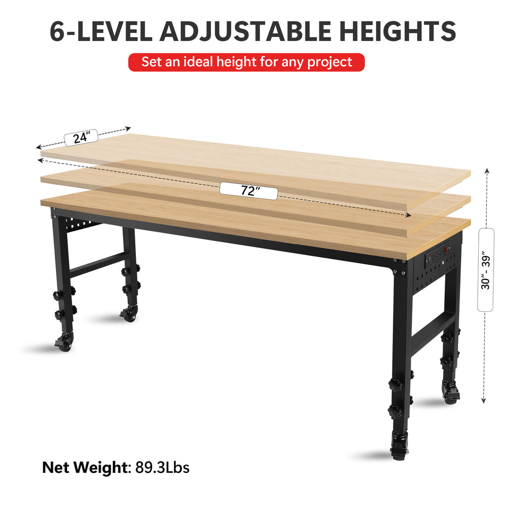 Rolling Heavy-Duty Worktable (72x24in, with Power Socket)