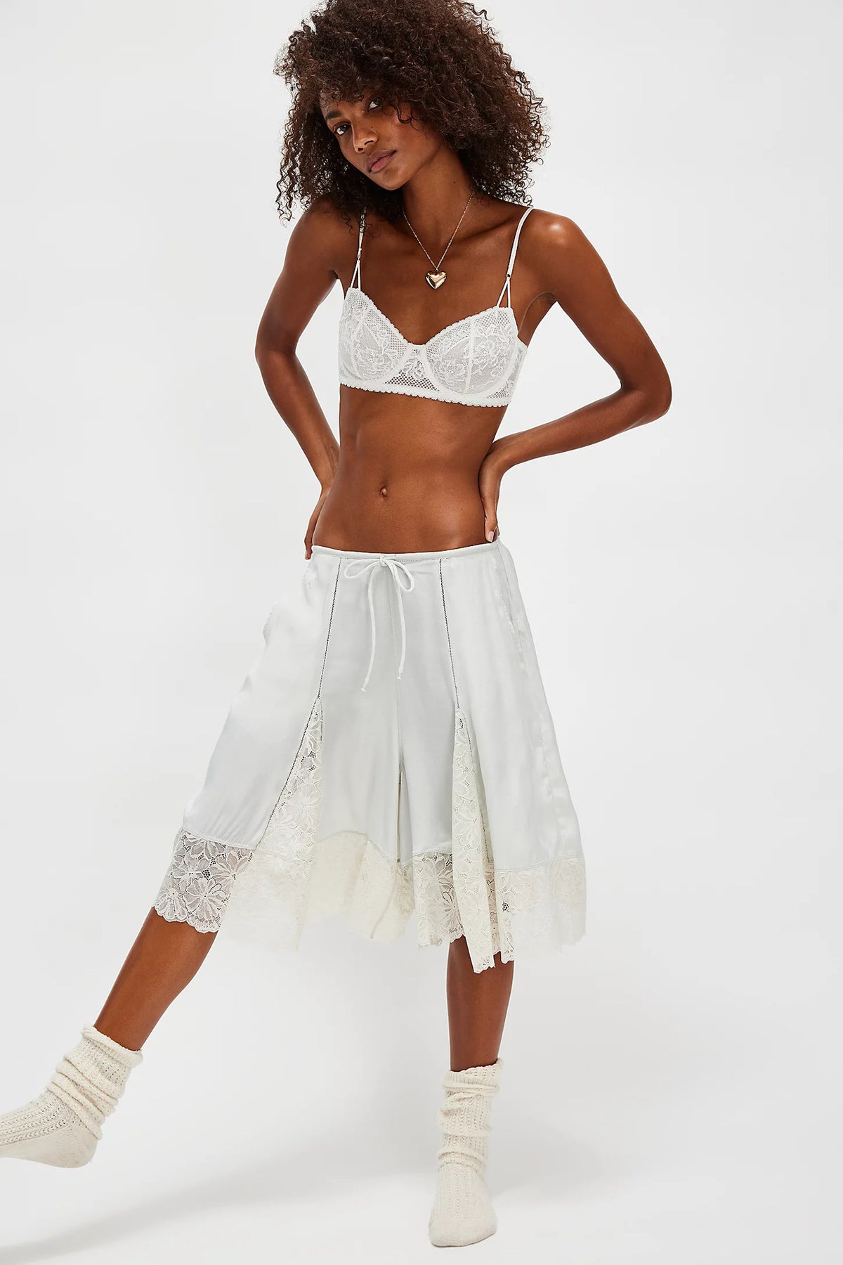 Lace-Trimmed Satin Mid-Length Pants