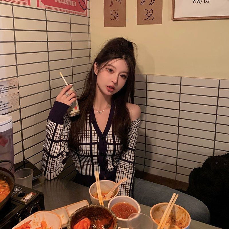Off-Shoulder Checkered Knit Sweater