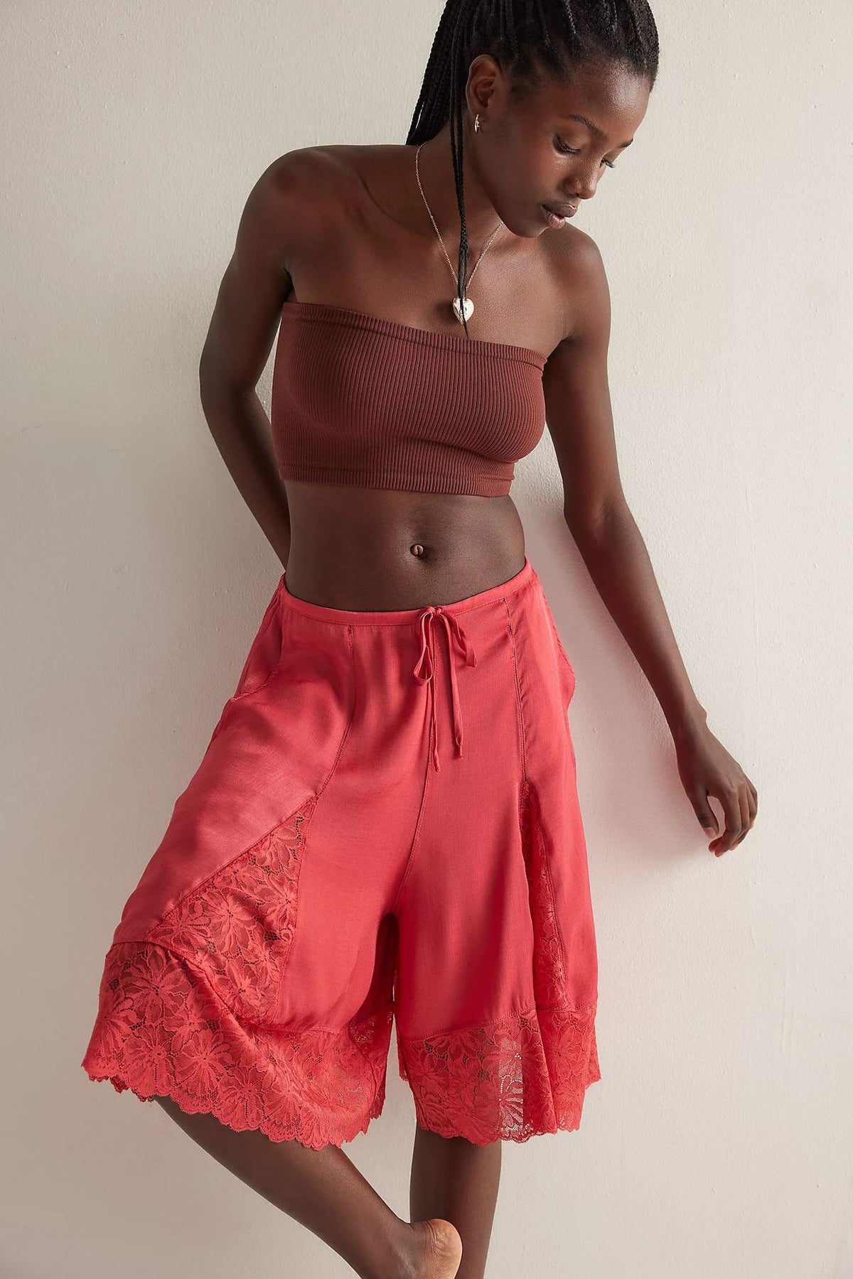 Lace-Trimmed Satin Mid-Length Pants