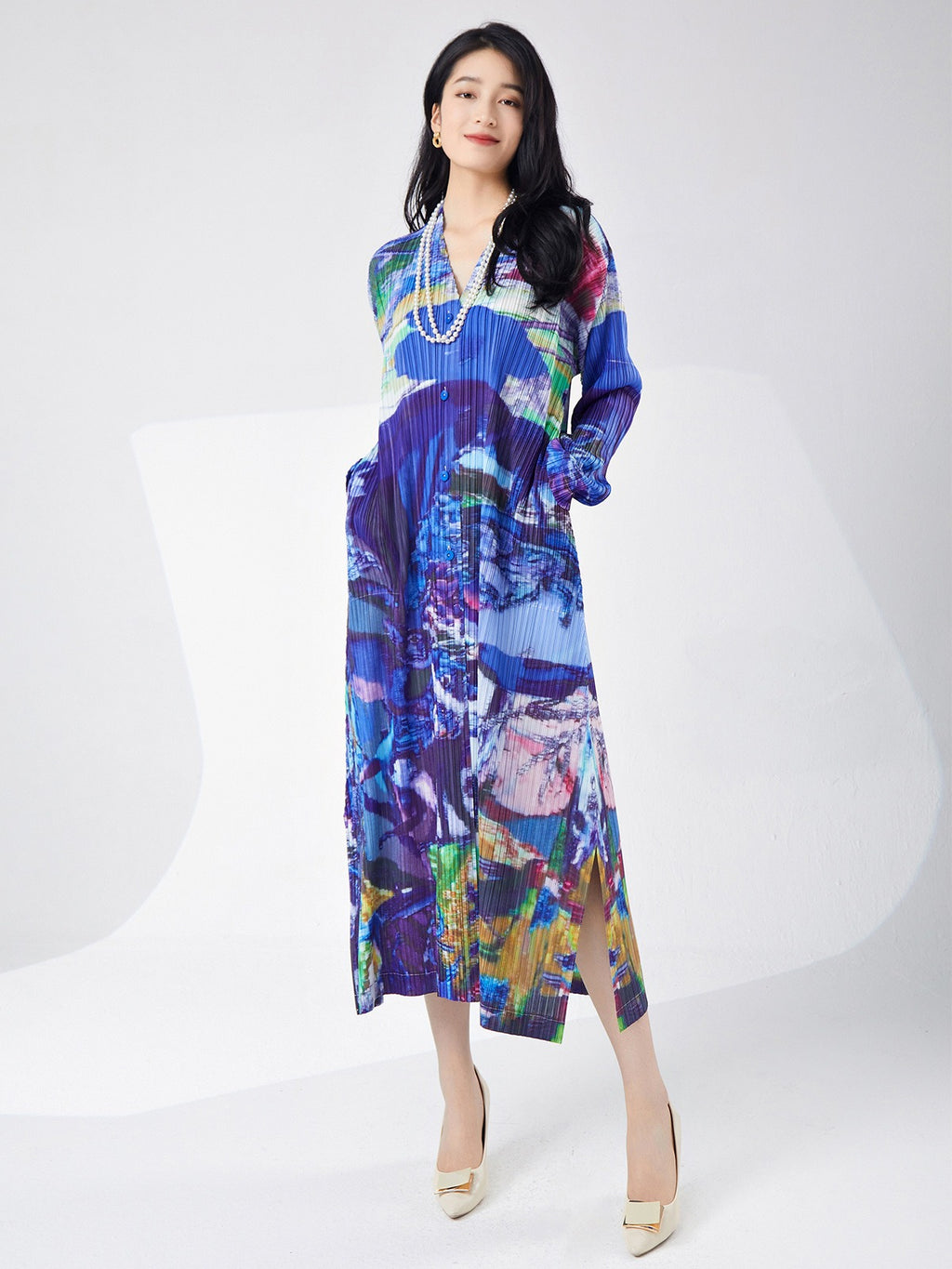 Printed Slit Cardigan Midi Dress