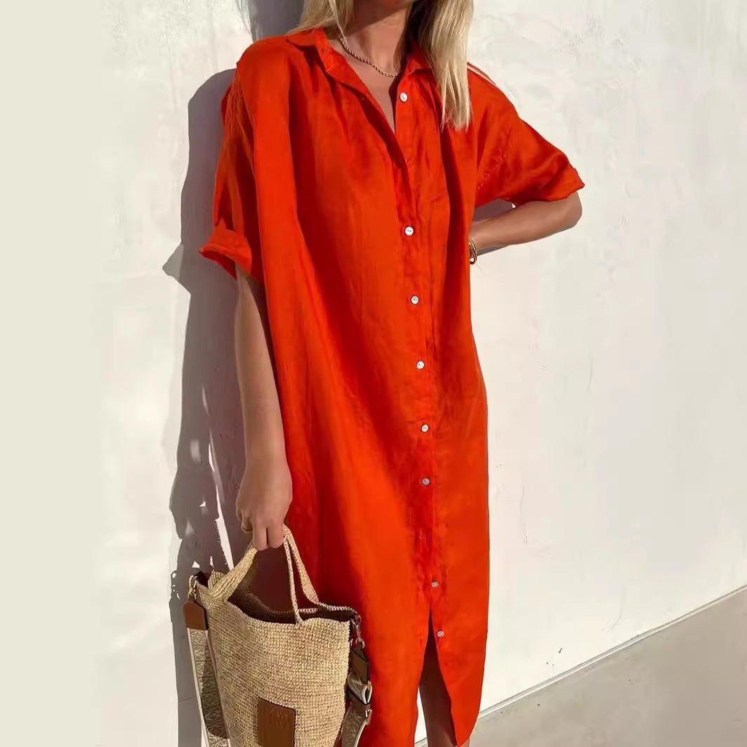 Loose Button-Up Short Sleeve Dress