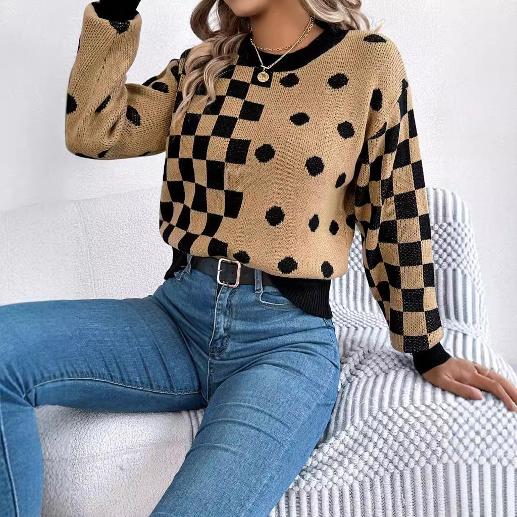Polka Dot Checkered Lantern Sleeve Sweater