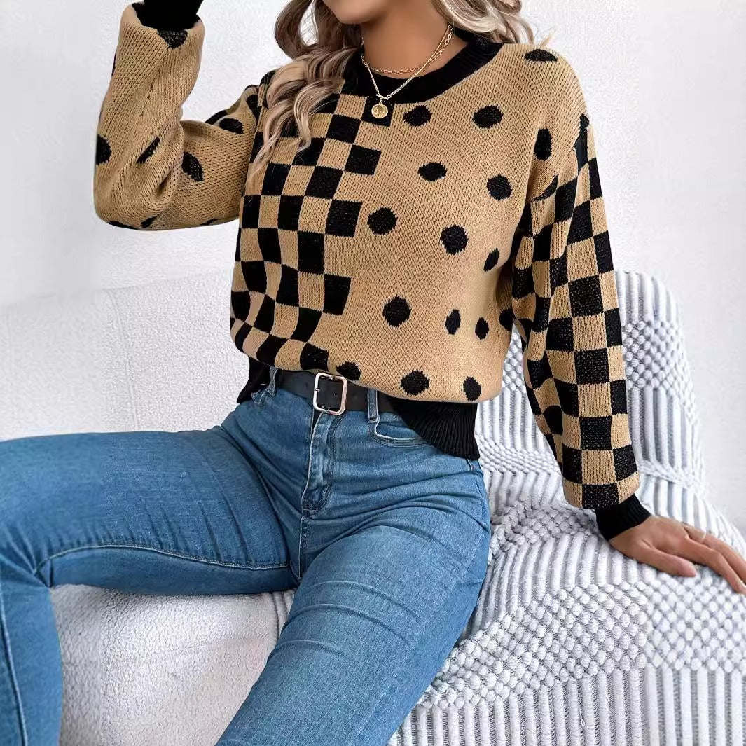Polka Dot Checkered Lantern Sleeve Sweater